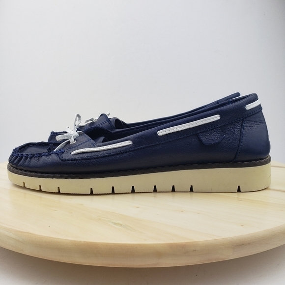 MODA Women's Leather Loafers Size 40 Slip On Comfort Casual Shoes Navy Blue - Picture 2 of 14